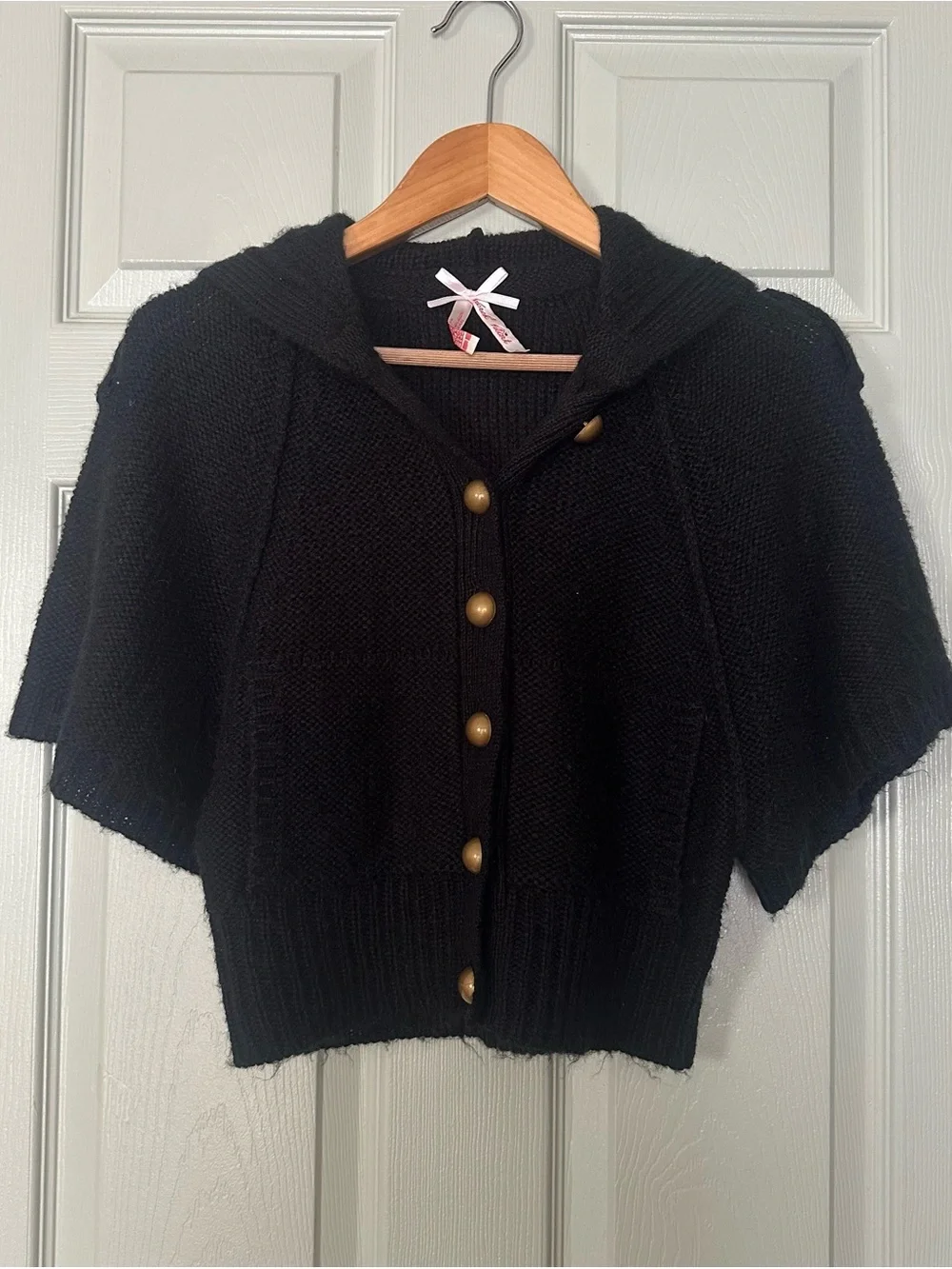Derek Heart Black Short-Sleeve Hooded Cardigan with Gold Buttons